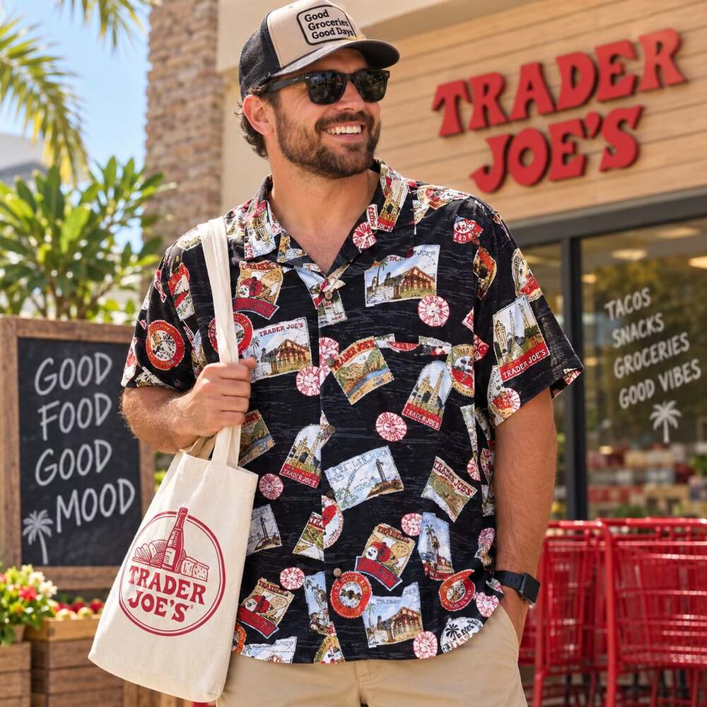 Trader Joe's Vintage Travel Stamp Print Short Sleeve Aloha Hawaiian Shirt Black